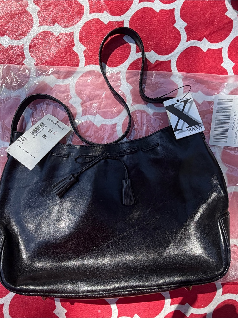 Maxx New York Black Shoulder Tote with Tassel Drawstrings